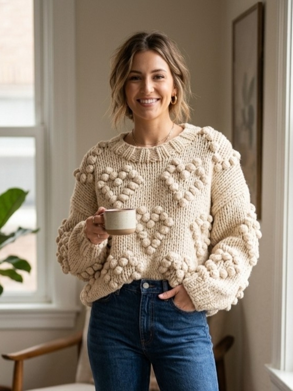 entro Cream Bobble Knit Crewneck Sweater